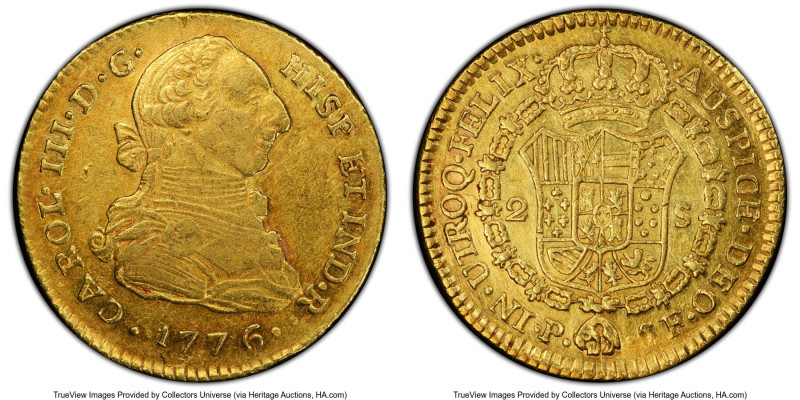 Charles III gold 2 Escudos 1776 P-SF AU53 PCGS, Popayan mint, KM49.2, Restrepo-6...