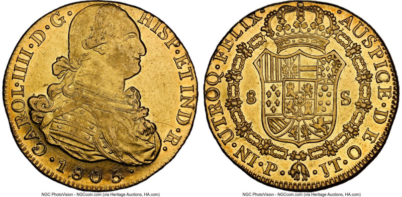 Charles IV gold 8 Escudos 1805 P-JT AU58 NGC, Popayan mint, KM62.2. HID098012420...