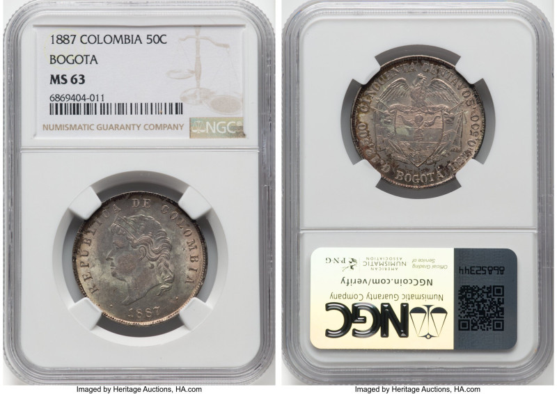 Republic 50 Centavos 1887-BOGOTA MS63 NGC, Bogota mint, KM185. A coveted one-yea...