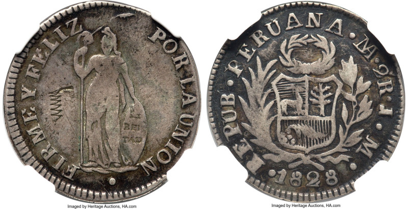 Republic Counterstamped 2 Reales ND (1834) F15 NGC, KM103. Type II Zig-Zag count...