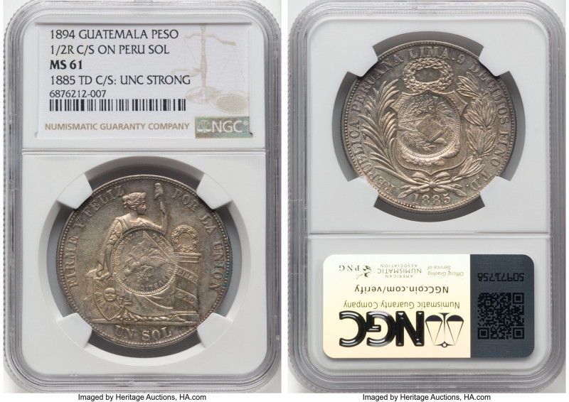 Republic Counterstamped Peso 1894 MS61 NGC, KM224. Host: Peru Sol 1885 LIMA-TD; ...