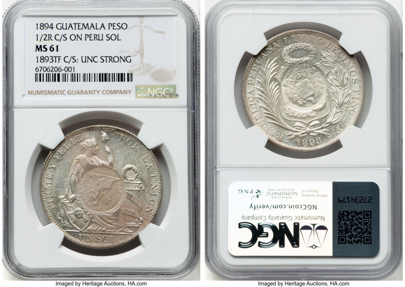 Republic Counterstamped Peso 1894 MS61 NGC, KM224. Host: Peru Sol 1893 LIMA-TF; ...