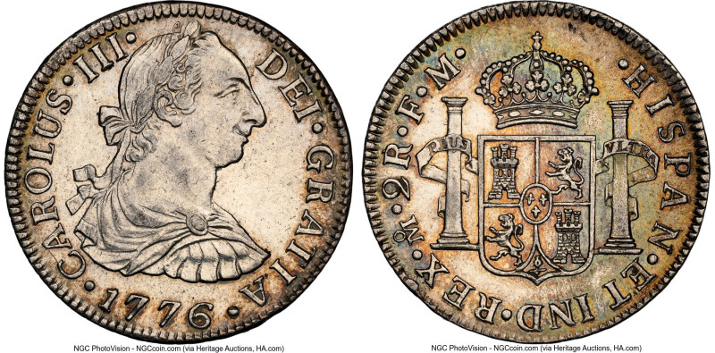 Charles III 2 Reales 1776 Mo-FM AU58 NGC, Mexico City mint, KM88.2. A most-desir...