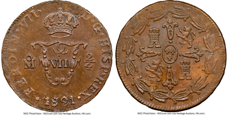 Ferdinand VII 1/4 Real (Señal) 1821-Mo MS61 Brown NGC, Mexico City mint, KM64. A...