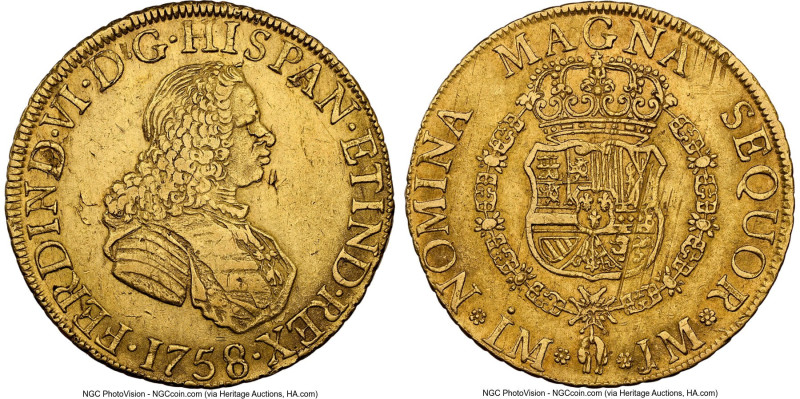 Ferdinand VI gold 8 Escudos 1758 LM-JM AU Details (Obverse Cleaned) NGC, Lima mi...