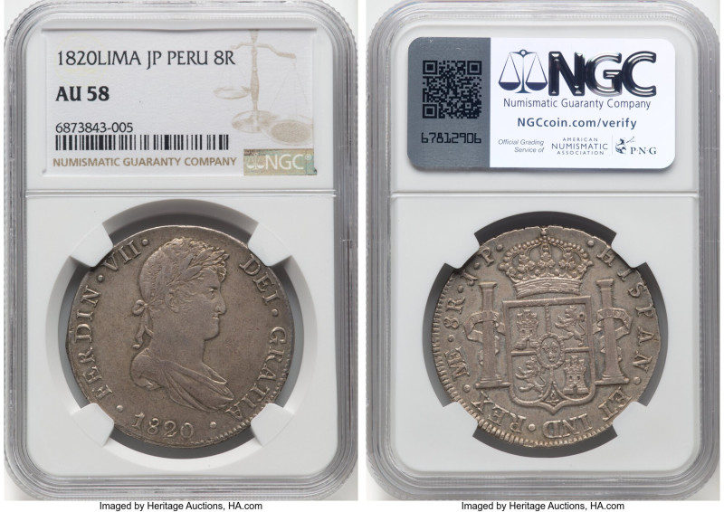 Ferdinand VII 8 Reales 1820 LM-JP AU58 NGC, Lima mint, KM117.1, Cal-1253. A near...