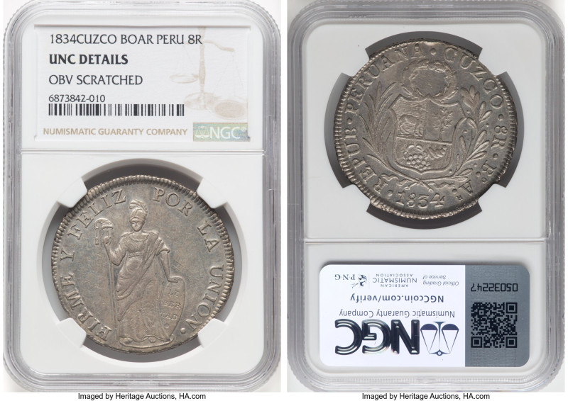 Republic 8 Reales 1834 CUZCO-BoAr UNC Details (Obverse Scratched) NGC, Cuzco min...