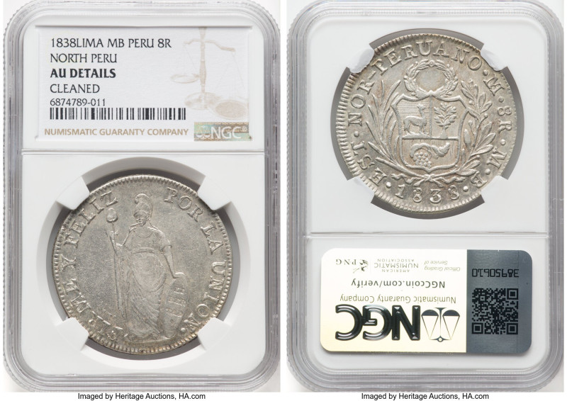 North Peru. Republic 8 Reales 1838 LM-MB AU Details (Cleaned) NGC, Lima mint, KM...