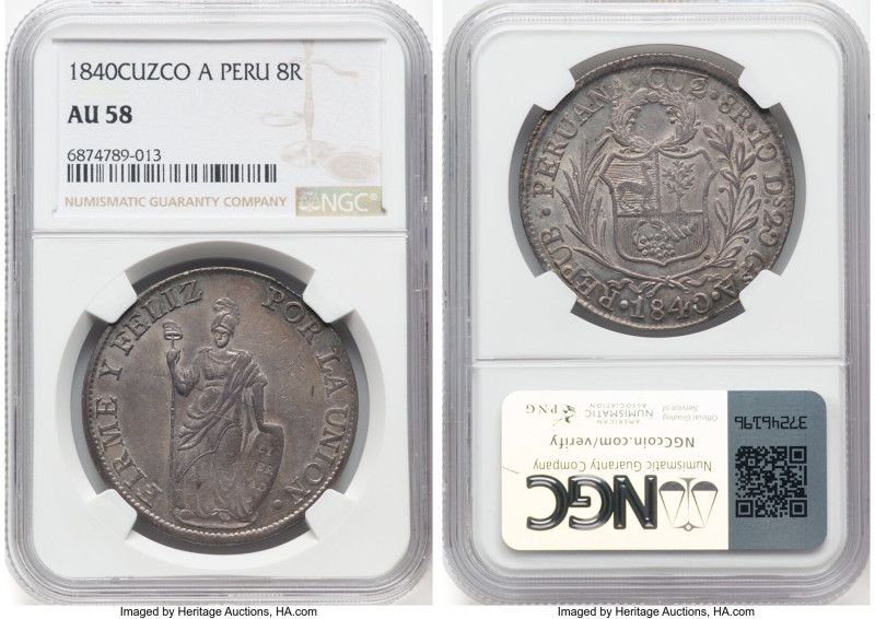 Republic 8 Reales 1840 CUZCO-A AU58 NGC, Cuzco mint, KM142.9. Only 16 examples o...