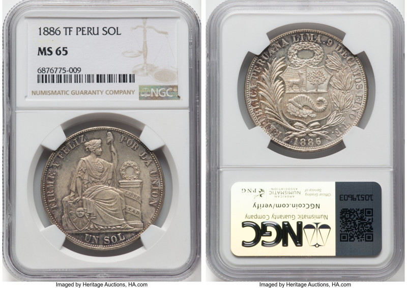 Republic Sol 1886-TF MS65 NGC, Lima mint, KM196.22. A coveted grade-point for 19...