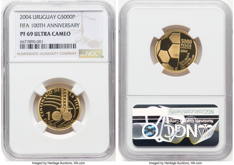 Republic gold Proof "FIFA 100th Anniversary" 5000 Pesos Uruguayos 2004 PR69 Ultr...