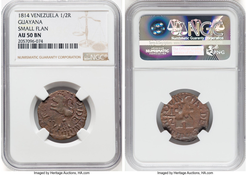 Guayana. Provincial 1/2 Real 1814 AU50 Brown NGC, KM-C41.2. Small Flan. Royalist...