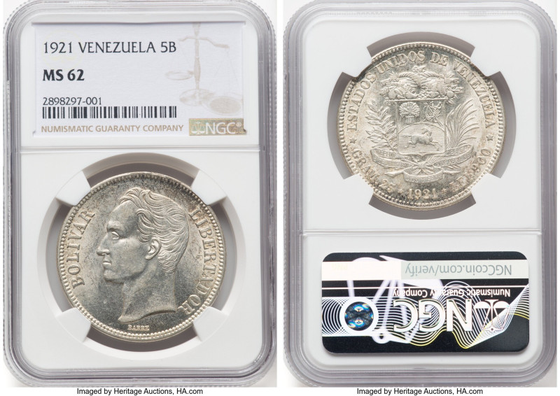 Republic 5 Bolivares 1921 MS62 NGC, Philadelphia mint, KM-Y24.2. A gorgeous Mint...