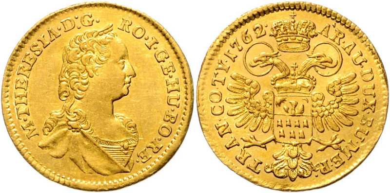 MARIA THERESA (1740 - 1780)&nbsp;
1 Ducat, 1762, Karlsburg, 3,48g, Her 214&nbsp...