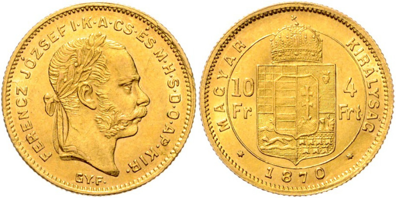 FRANZ JOSEPH I (1848 - 1916)&nbsp;
4 Forint, 1870, GYF, 3,23g, Früh 1742&nbsp;...