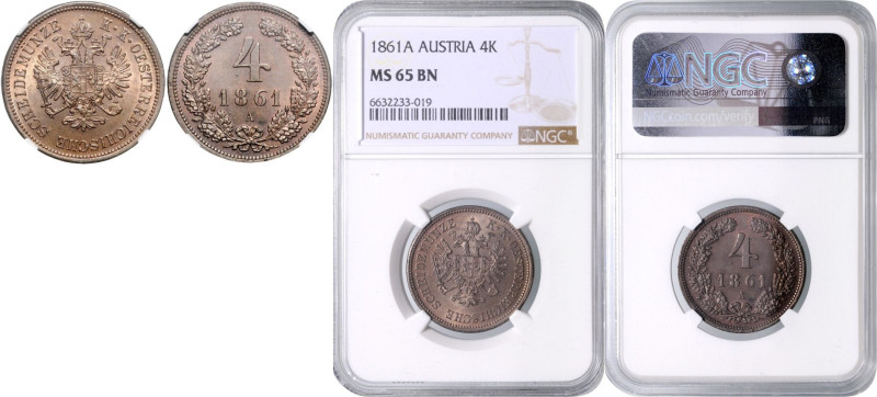 FRANZ JOSEPH I (1848 - 1916)&nbsp;
4 Kreuzer, 1861, A, Früh 1623&nbsp;

UNC |...