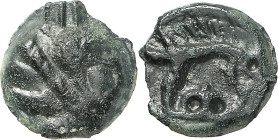 GALLIEN. 
REMI (um Reims). 
Potin-17mm 3,87g. Unbärtiger Kopf, mit Auge mit Pupille, mit Mundspalte, 3&nbsp;Haarsträhnen, Diadem u. 3-Strichel-Hals,...