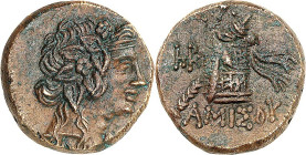 PONTOS. 
STÄDTE. 
AMISOS / PEIRAIEUS (Samsun). AE-Tetrachalkon 21mm (85/65 v.Chr.) 8,42g. Dionysoskopf n.r. / AMISOU Thyrsos an Wunderkiste; l. Mono...