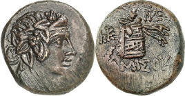 PONTOS. 
STÄDTE. 
AMISOS / PEIRAIEUS (Samsun). AE-Tetrachalkon 20mm (85/65 v.Chr.) 7,72g. Dionysoskopf n.r. / AMISOU Thyrsos an Wunderkiste; l. Mono...