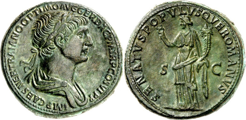 RÖMISCHES KAISERREICH. 
TRAIANUS 98-117. AE-Sesterz (114/116) 24,93g. Palliumbü...
