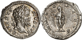 RÖMISCHES KAISERREICH. 
SEPTIMIUS SEVERUS 193-211. Denar (201) 3,91g. Kopf m. Lkr. n.r. SEVERVS - PIVS AVG / FVNDAT-OR - P A C I S Kaiser steht mit Z...