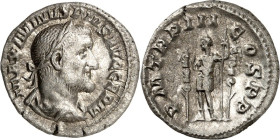 RÖMISCHES KAISERREICH. 
MAXIMINUS I. Thrax 235-238. Denar (236) 2,88g. Paludamentbüste m. Lkr. n.r. IMP MAXIMINVS PIVS AVG GERM / P M TR P IIII - COS...