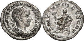 RÖMISCHES KAISERREICH. 
GORDIANUS III. Augustus 238-244. Denar (Ende 239/240) 2,24g. Paludamentbüste m. Lkr. n.r. IMP GORDIANVS PIVS FEL AVG / P M TR...