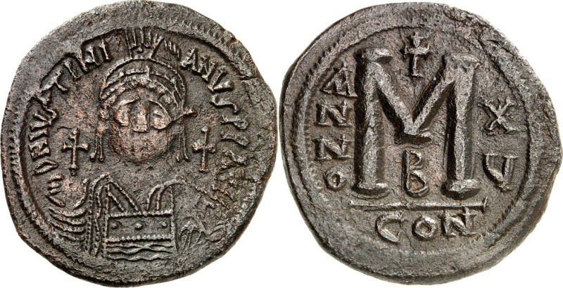 BYZANZ. 
IUSTINIANUS I. 527-565. AE-Follis 38/39mm ("15"= 541/542) 21,55g, Kons...