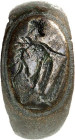 OBJEKTE AUS BRONZE. 
SCHMUCK. 
FINGERRINGE. Br-Ring römisch, flacher Reif mit querovaler Platte 17 / 11mm, mit Gravur: stehender Herkules mit Keule ...