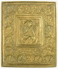 OBJEKTE AUS BRONZE. 
SCHMUCK. 
BRONZE-IKONEN. "Das gütige Schweigen" Verklärter Christus, nimb., m. Flügeln; umgeben v. 18 Medaillons mit Brb. v. He...