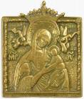OBJEKTE AUS BRONZE. 
SCHMUCK. 
BRONZE-IKONEN. "Madonna der Passion": Gekr. nimb. Madonnen-Hüftbild mit Christuskind, dem Engelpaar mit Leidenssymbol...