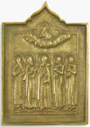 OBJEKTE AUS BRONZE. 
SCHMUCK. 
BRONZE-IKONEN. Fünf Heilige: Modestos, Blasios, Nilos, Floros u. Lauros stehen v.v.; unter Giebel Christkönig im Gewö...