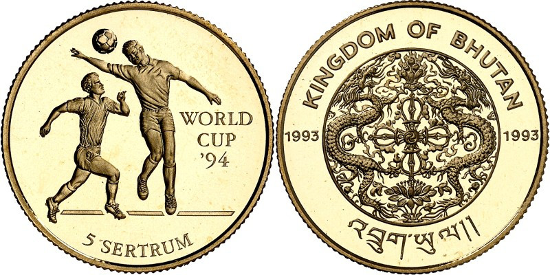 BHUTAN. 
5 Sertum 1993 Fussball- WM, 4,53g fein. F. 14, KM. 71. . 


P.P.