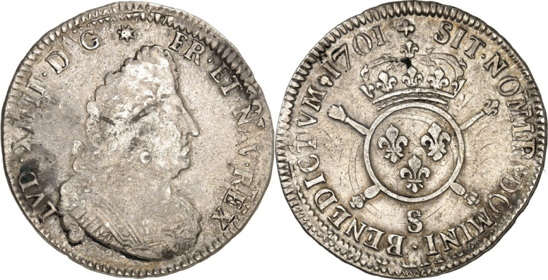 FRANKREICH. 
Louis XIV. 1643-1715. 1/2 Ecu aux insignes 1701 S Reims. Brb. n.r....