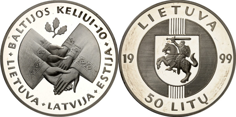 LITAUEN (LITHUANIA). 
Zweite Republik. 
50 Litu 1999 Ag, 10 Jahre Baltischer W...