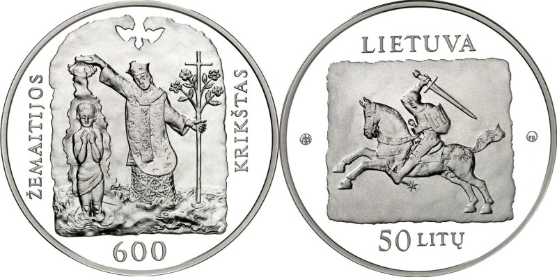 LITAUEN (LITHUANIA). 
Zweite Republik. 
50 Litu 2013 Ag, 600 J. Christentum. K...