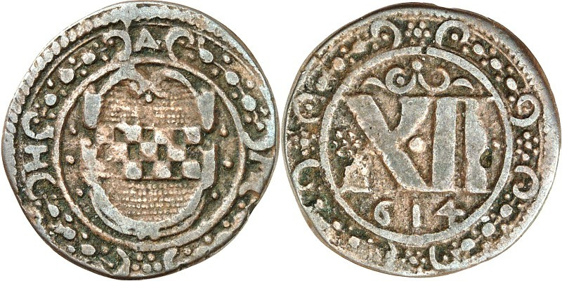 Hamm, Stadt. 
Neuzeit. Cu-12 Pfennig 1614 Stadtwappen / Wertzahl. Kennep.&nbsp;...