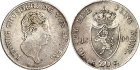 Hessen/-Darmstadt. 
Ludwig I. 1806-1830. 20 Kreuzer 1809 ohne sign. am Halsabschnitt, große schiefe Wertzahl am Hals, AKS 75var., J. 11a. . 


ss