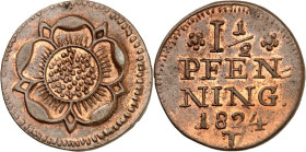 Lippe/-Detmold. 
Leopold II. (1802-)1820-1851. Cu-1 1/2 Pfennig 1824. AKS&nbsp; 10, J.&nbsp; 7. . 


vz
