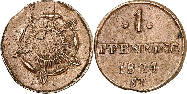 Lippe/-Detmold. 
Leopold II. (1802-)1820-1851. Cu- Pfennig 1824 ST. AKS&nbsp; 1...