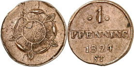 Lippe/-Detmold. 
Leopold II. (1802-)1820-1851. Cu- Pfennig 1824 ST. AKS&nbsp; 12, J.&nbsp; 5. . 


vz