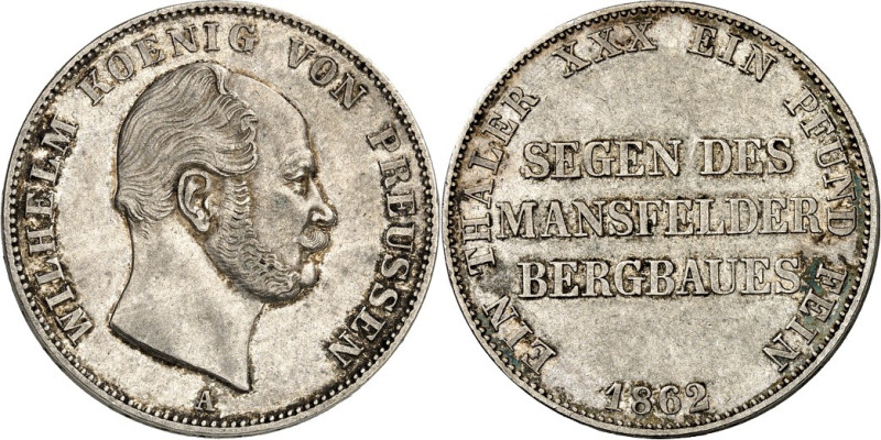 Preussen. 
Wilhelm I. 1861-1888. Vereinstaler 1862 Ausbeute Mansfeld. AKS 98, J...
