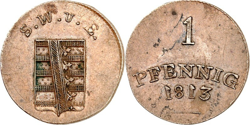 Sachsen/-Weimar-Eisenach. 
Carl August 1775-1828. Cu Pfennig 1813 spiegelverkeh...