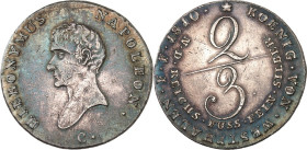 Westfalen, Kgr.. 
Hieronymus Napoleon 1807-1813. 2/3 Taler Reichsfuß Feinsilber 1810C. AKS 11, J. 16. . 


ss