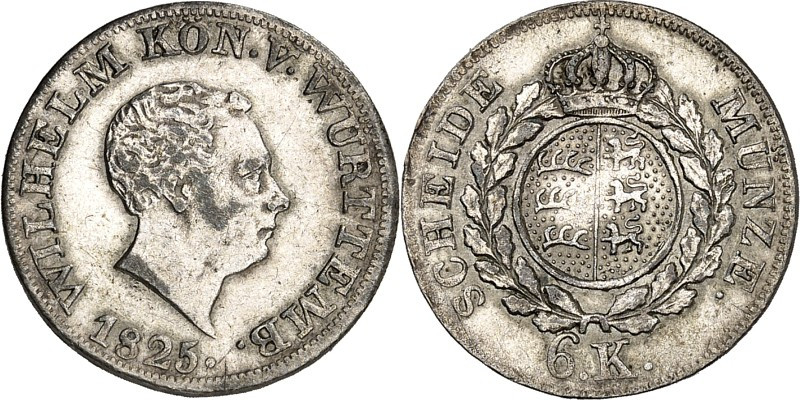 Württemberg. 
Wilhelm I. 1816-1864. 6 Kreuzer 1825 Interp. Var. 1825. AKS 97, J...