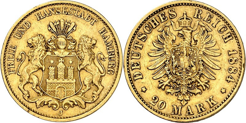 REICHSGOLD. 
HAMBURG. 
20 Mark 1884 Stadtwappen. J.&nbsp; 210. . 


ss