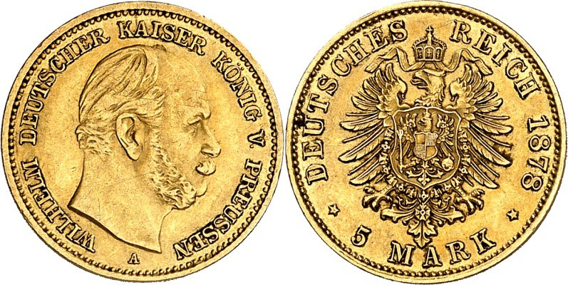 REICHSGOLD. 
PREUSSEN. 
5 Mark 1878A Wilhelm I. J. 244. . 


ss