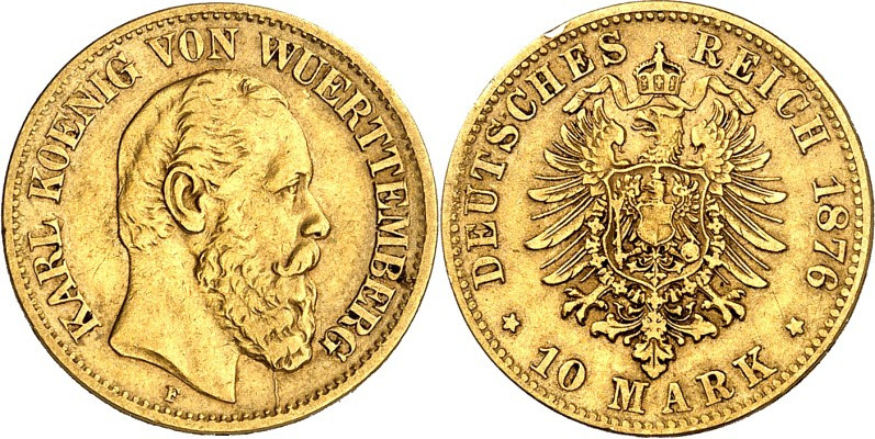 REICHSGOLD. 
WÜRTTEMBERG. 
10 Mark 1876 Karl / Alter Adler. J.&nbsp; 292. . 
...