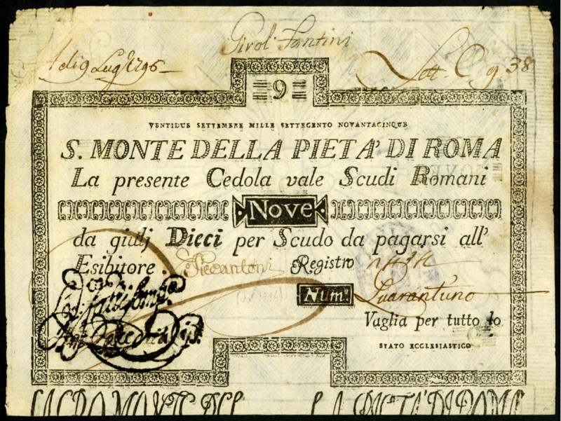 ITALIEN. 
Kirchenstaat. 
S.Monte Della Pieta`di Roma. 9 Scudi 22.9.1795 Stempe...