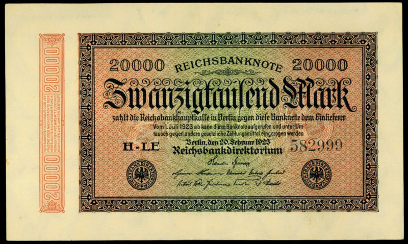 Inflation von 1919/1924. 
20.000 Mark 20.02.1923 WZ.Hakensterne.KN 6 stellig 4,...